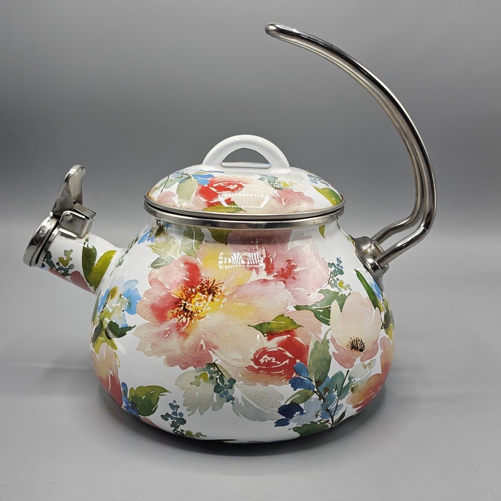 Crofton Floral Enamel Metal Tea Kettle 2.3 Qt Hook Handle Lid Flowers‎ Poppy